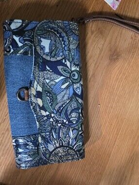 Sakroots Blue Floral Canvas Wristlet Card Holder with Denim Trim